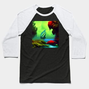 Landscape Painting with Tropical Colorful Plants and boat in the sea, Scenery Nature Baseball T-Shirt